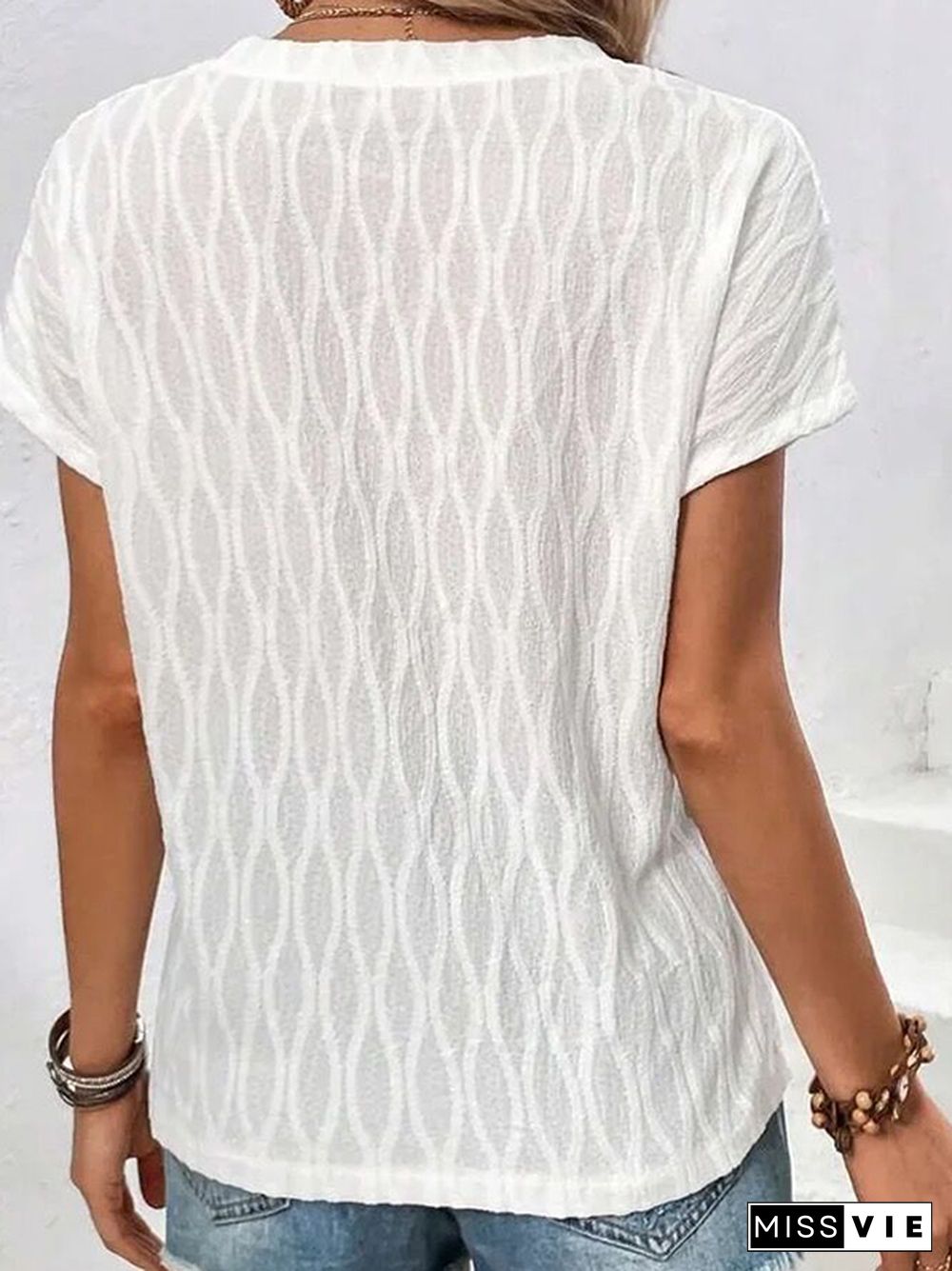 Batwing Sleeves Loose Jacquard Solid Color Split-Front Round-Neck T-Shirts Tops