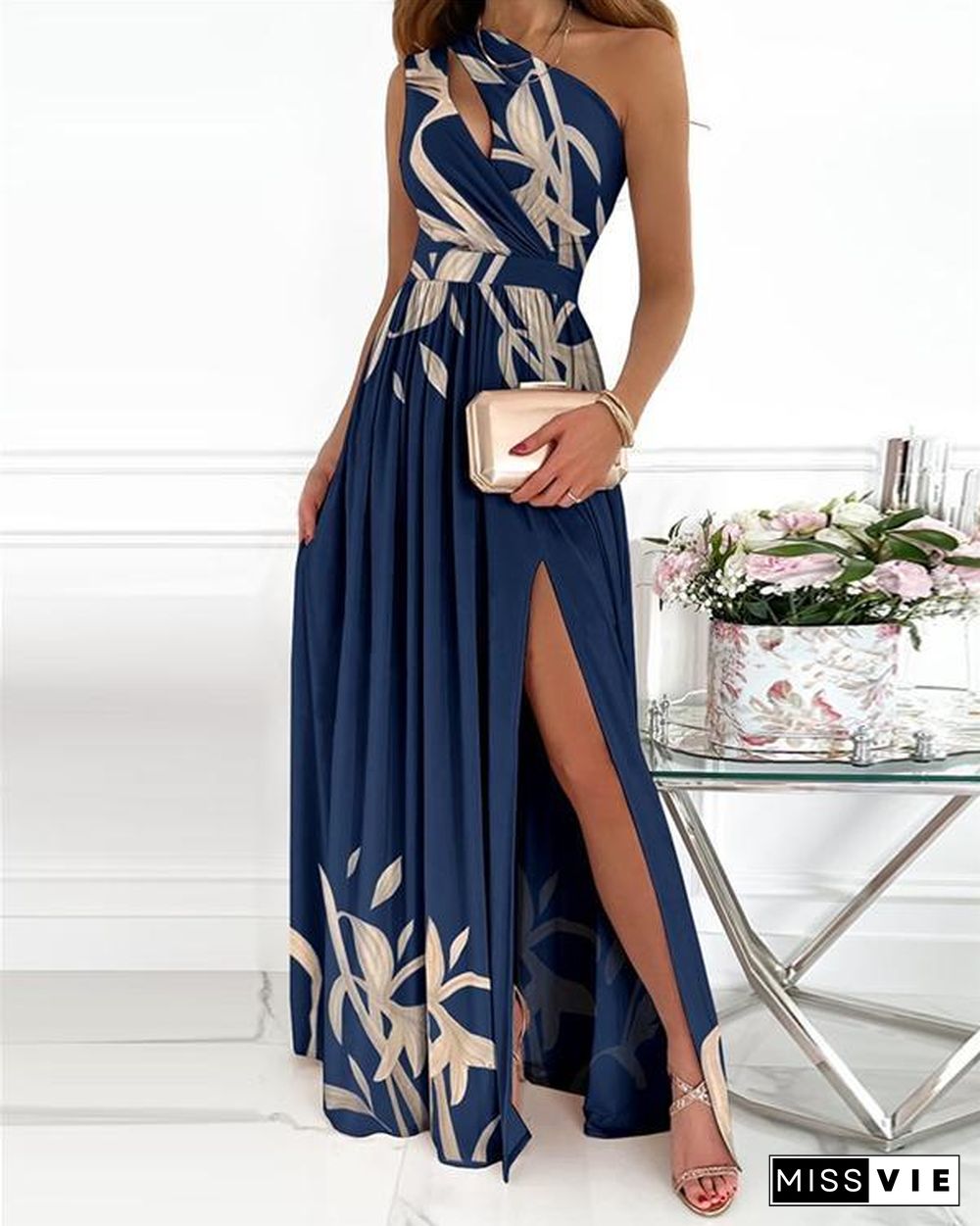 Floral Print High Slit Cutout Maxi Dress