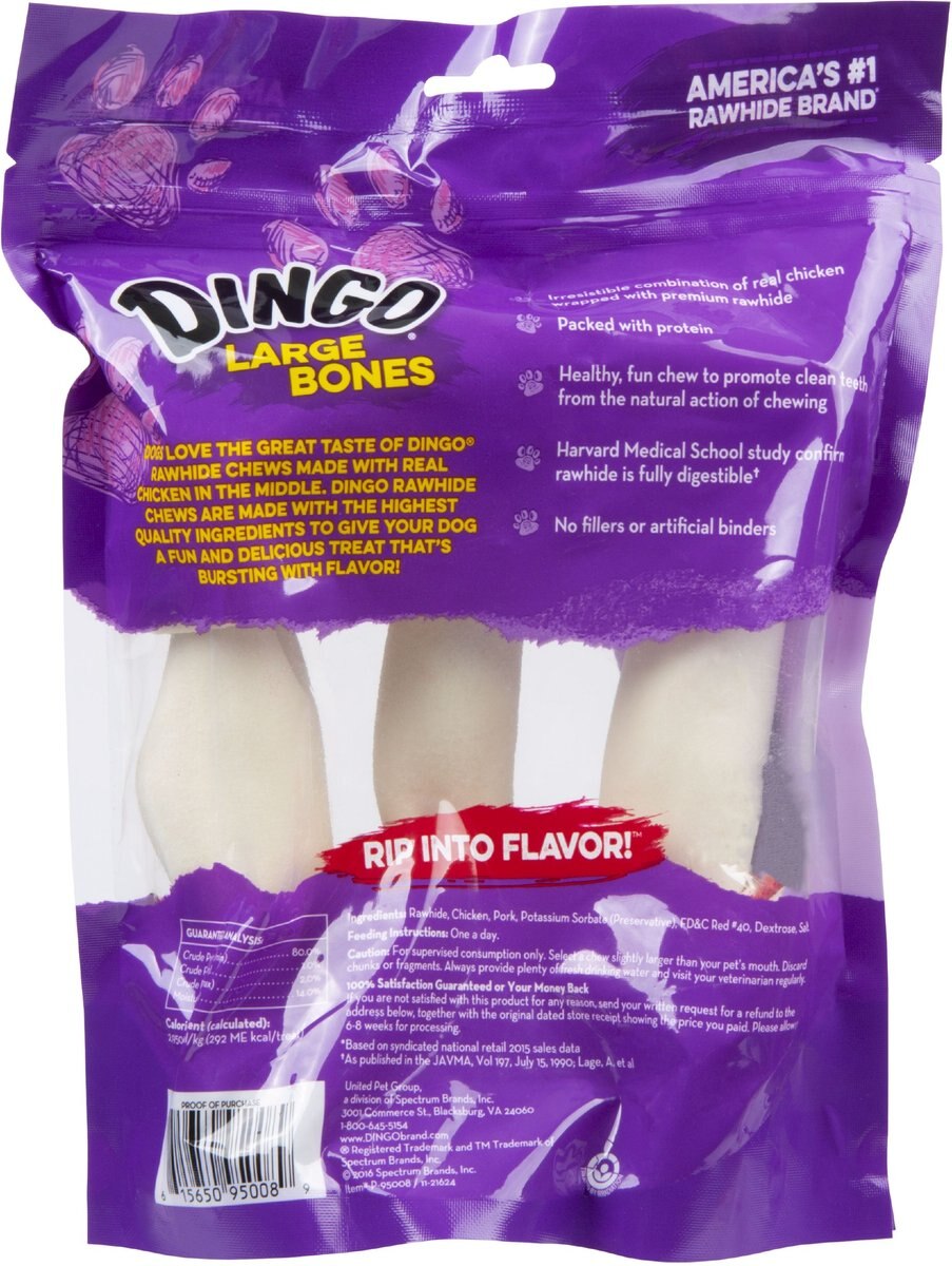 Dingo Large White Bone Dog Rawhide Treat， 9.5-oz bag， 3 count