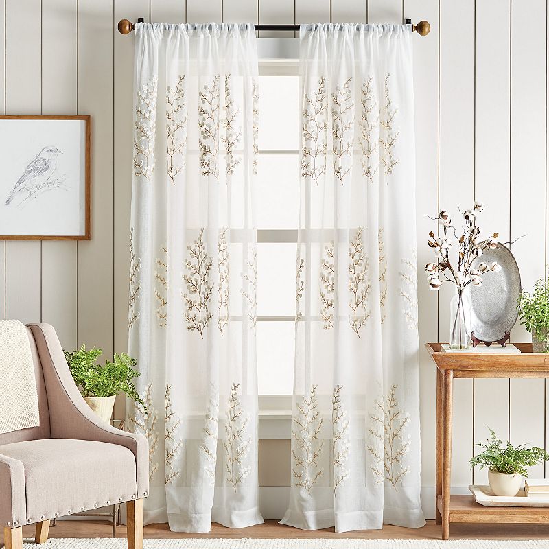 Martha Stewart Georgia Embroidery Rod Pocket Top 2 Window Curtain Panels