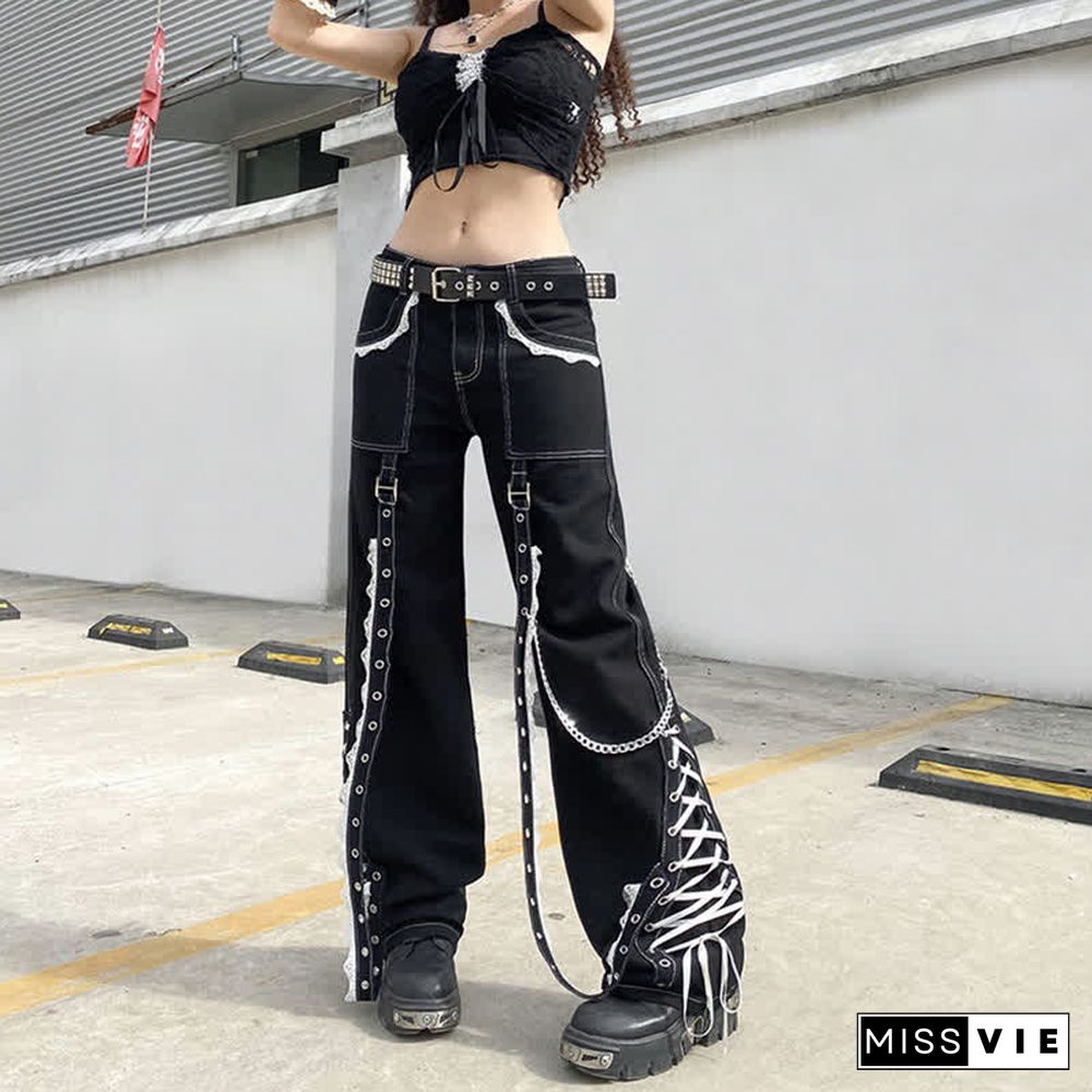 Gothic Bandage Lace Up Straight Baggy Denim  Pants