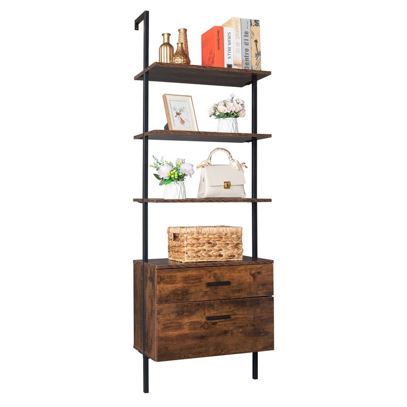 4 Tier Industrial Bookshelf with Wood Drawers and Matte Steel Frame