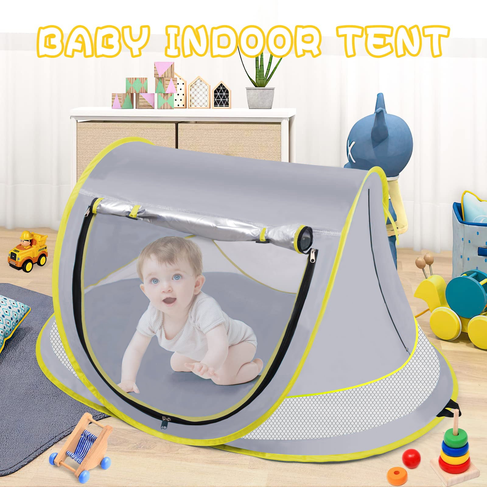 HDJ Baby Beach Tent， UPF 50+ Pop Up Beach Tent Sun Shelter， Easy Setup Play Tent for Travel， Mini Beach Tent for Kids Toddlers，Grey