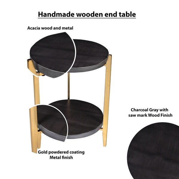 Tali 16 Inch Handcrafted Round Side End Table， 2 Tier， Charcoal Gray Acacia Wood， Sleek Gold Metal Legs