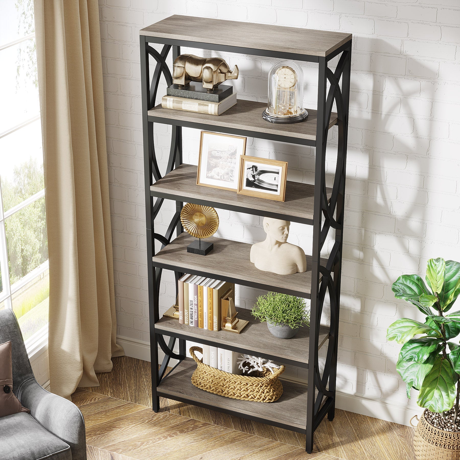 6-Tier Bookshelf, 70.8 Tall Bookcase Open Storage Shelf with Metal Frame