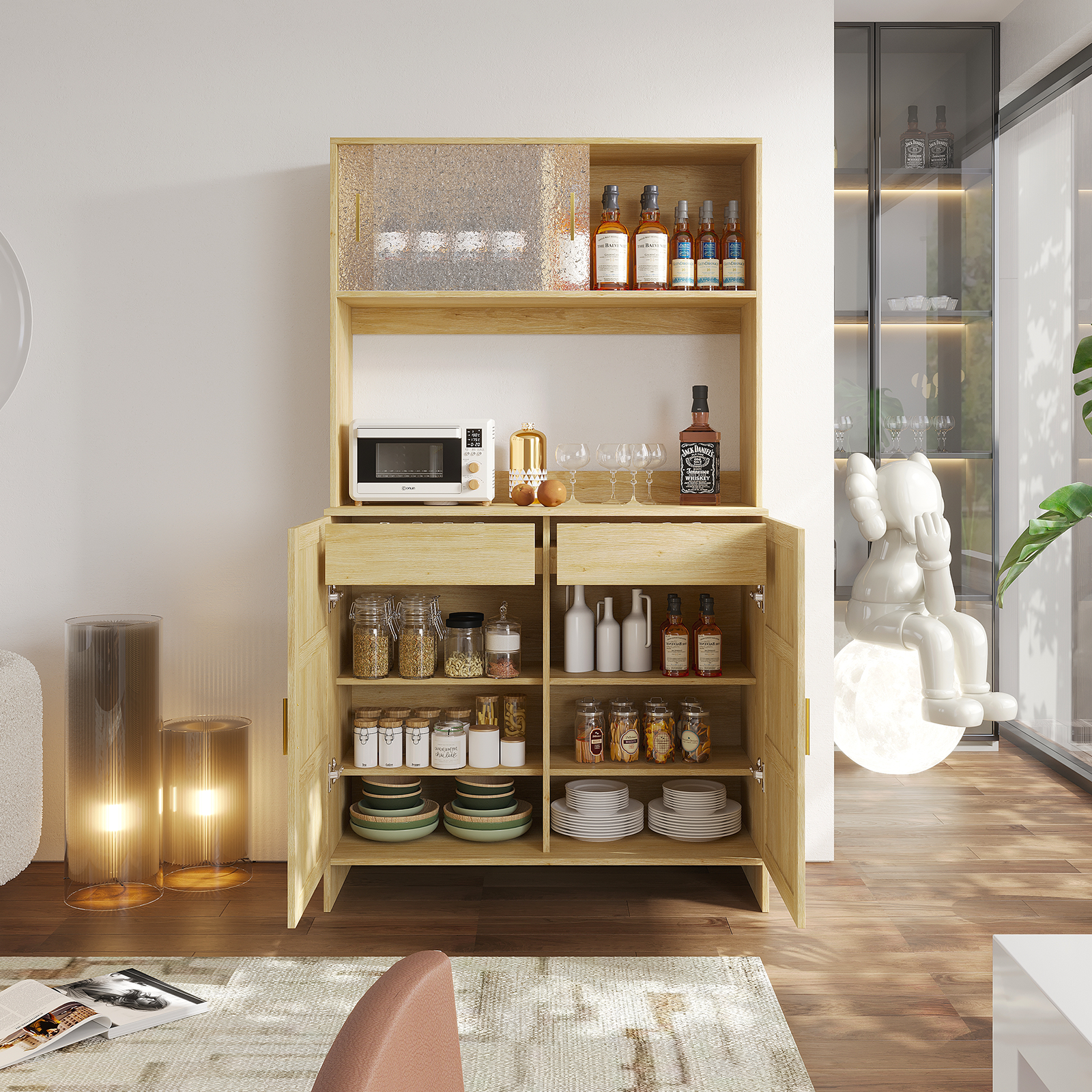 Rattan Kitchen Pantry Storage Cabinet Sideboard Buffet with Sliding Doors Adjustable Shelves