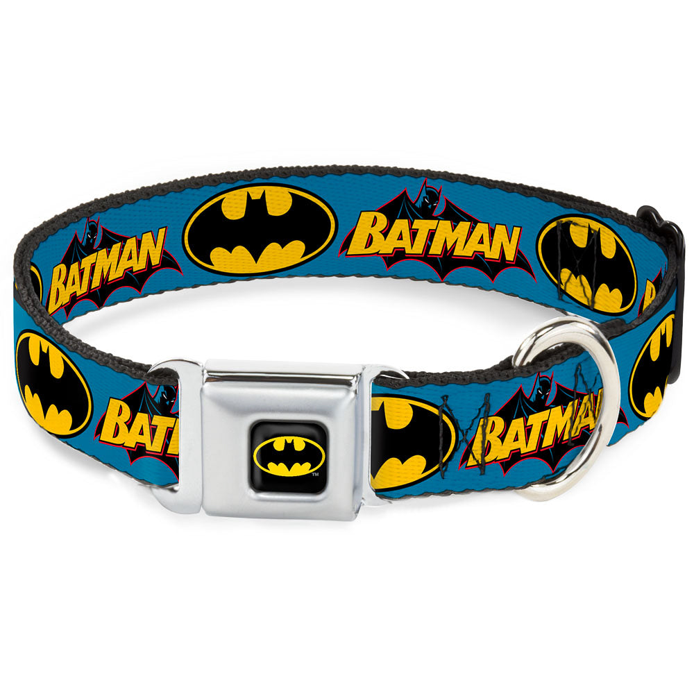 DC Comics Pet Collar， Dog Collar Metal Seatbelt Buckle， Vintage Batman Logo Bat Signal Blue， 15 to 24 Inches 1.0 Inch Wide