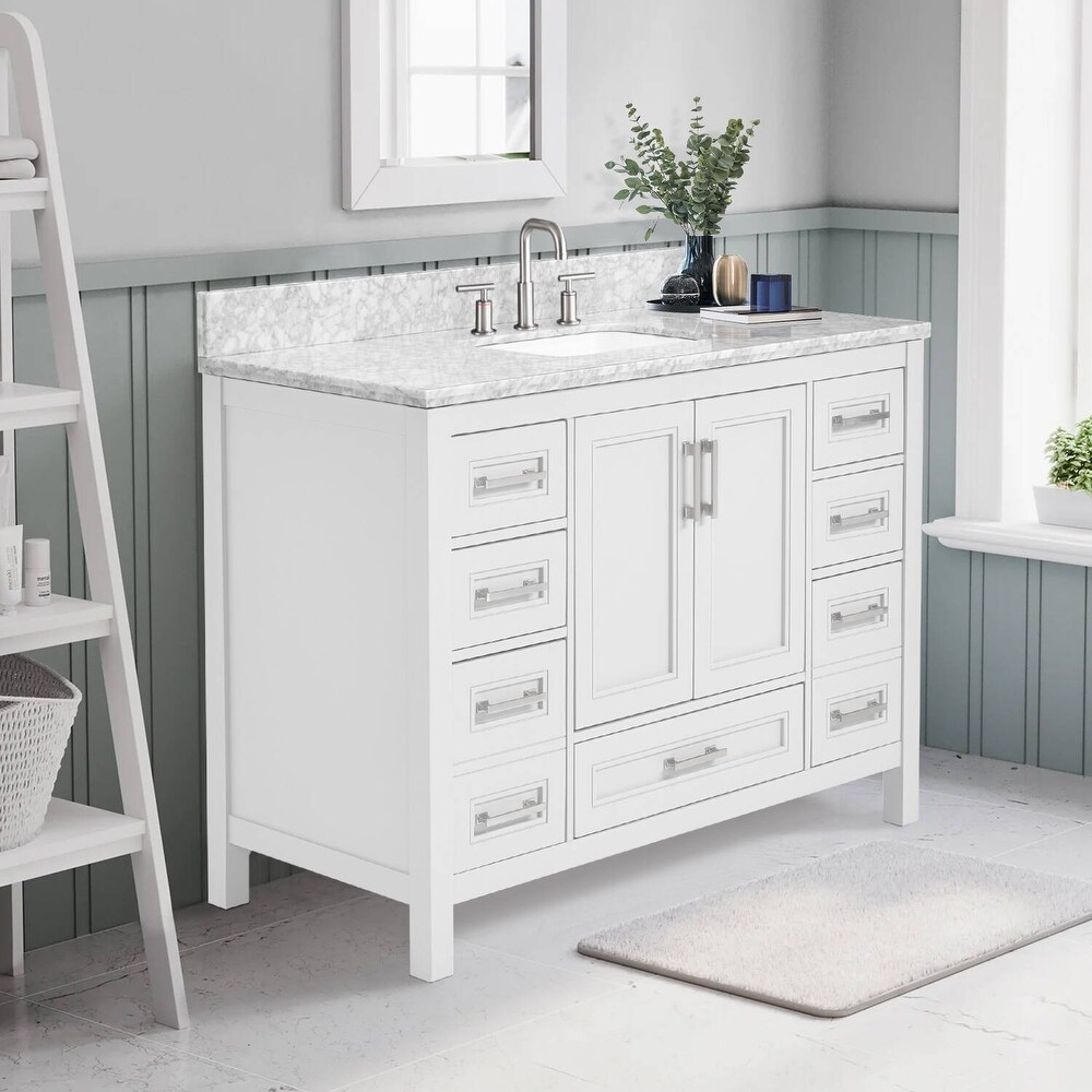 Vines 48 in. White Bathroom Vanity with Carrara Marble Top