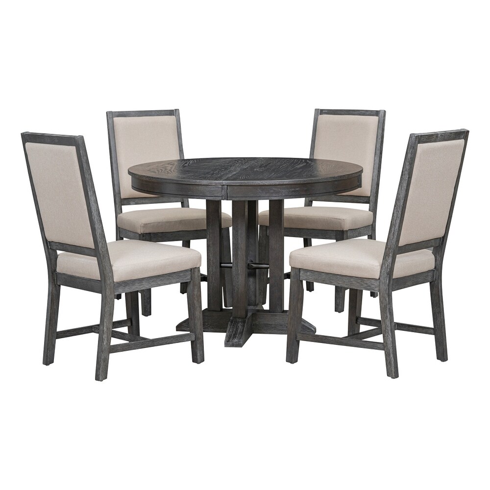 5 Piece Classic Dining Set  Extendable Round Table and 4 Upholstered Dining Chairs  Farmhouse Style Dining Table Sets