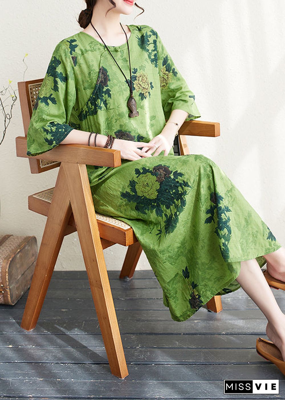 Women Green Print Chinese Button Linen A Line Dress Summer