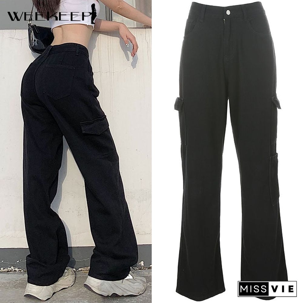 Weekeep Fashion Streetwear Women Jeans Pocket High Waist Jeans Korean Casual Straight Harajuku Denim Pants Baggy New Cargo Pants