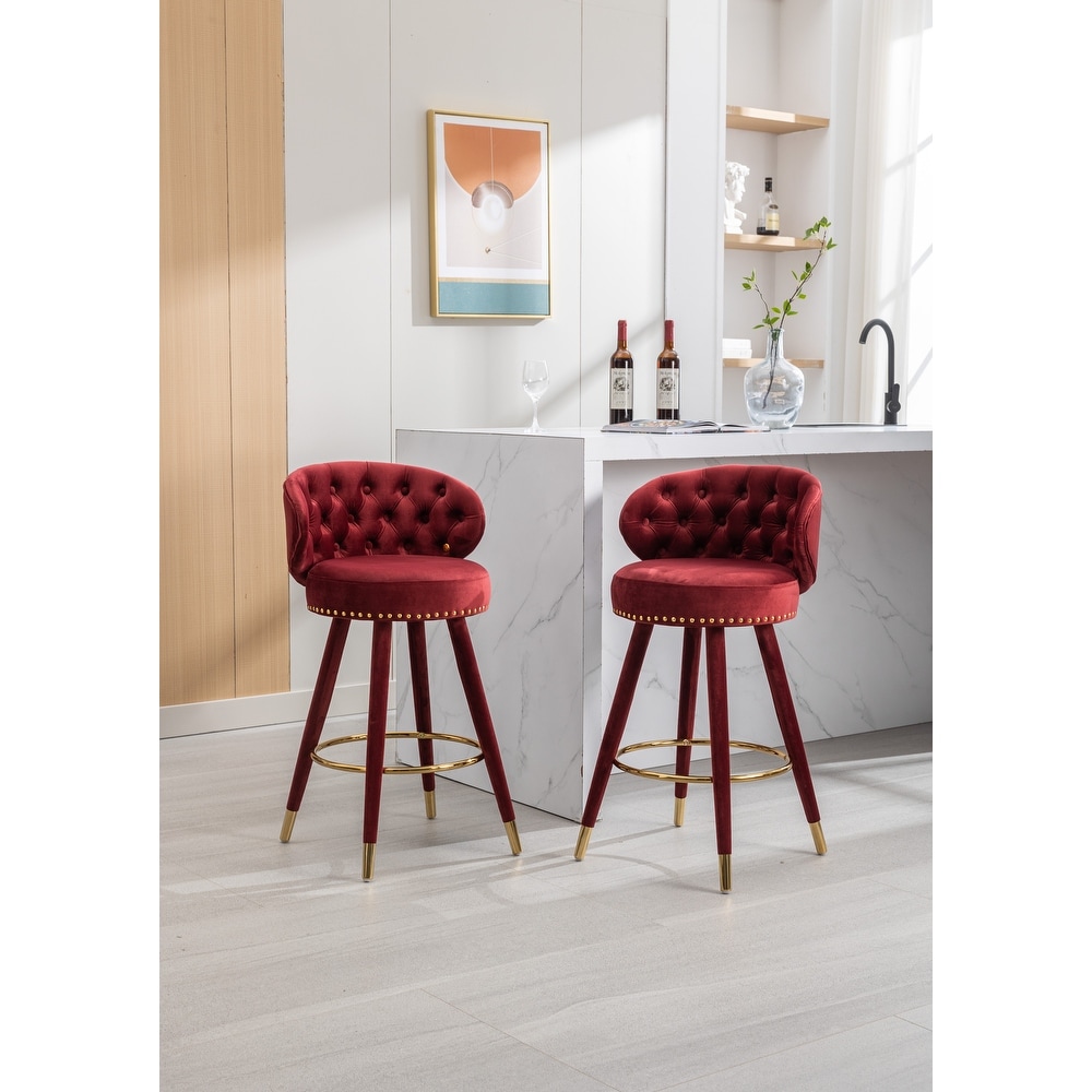 Counter Height Bar Stools Set of 2 Velvet Lounge Barstools Kitchen Armless Bar Stool w/ Tufted Back   Footrest Chair  Claret Red