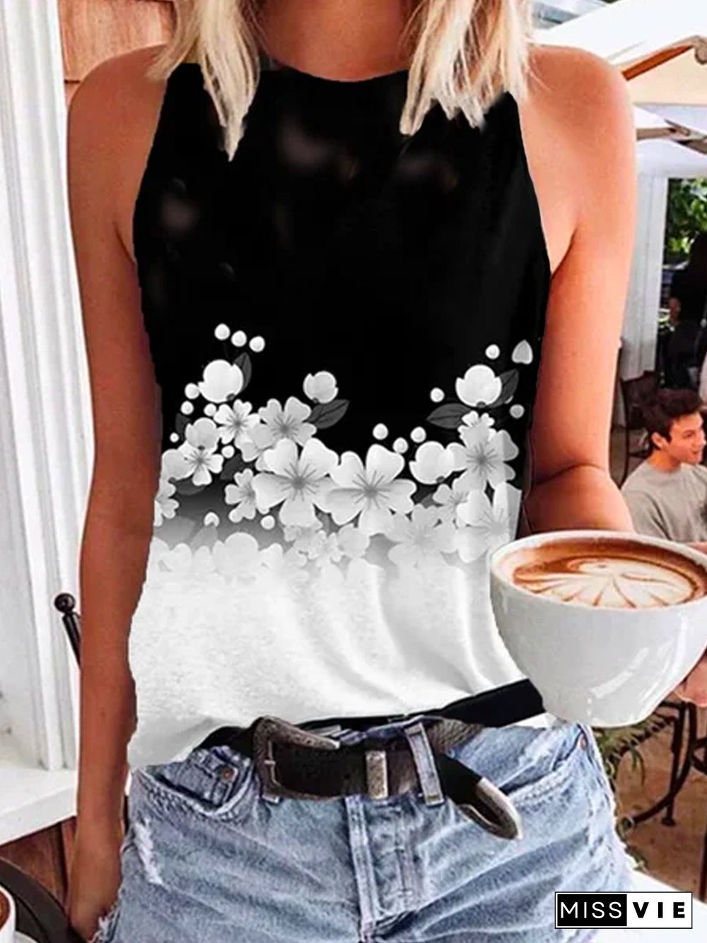 Sleeveless Casual Crew Neck Cotton-Blend T-shirt