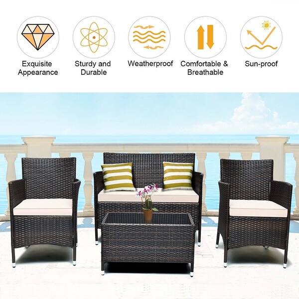 Costway 4PCS Rattan Patio Furniture Set Cushioned Sofa Chair Coffee