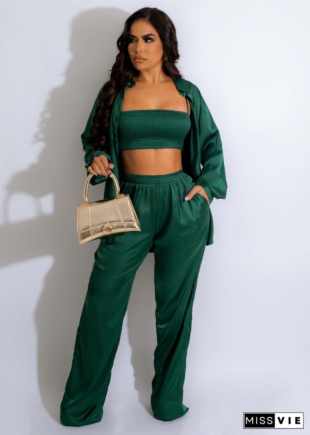 Solid Shirt Strapless Crop Top Wide Leg Pants 3 Piece Set