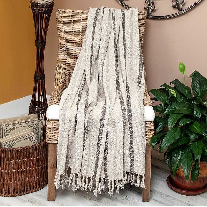 Beige and White Woven Handloomed Striped Throw Blanket 52 x 67