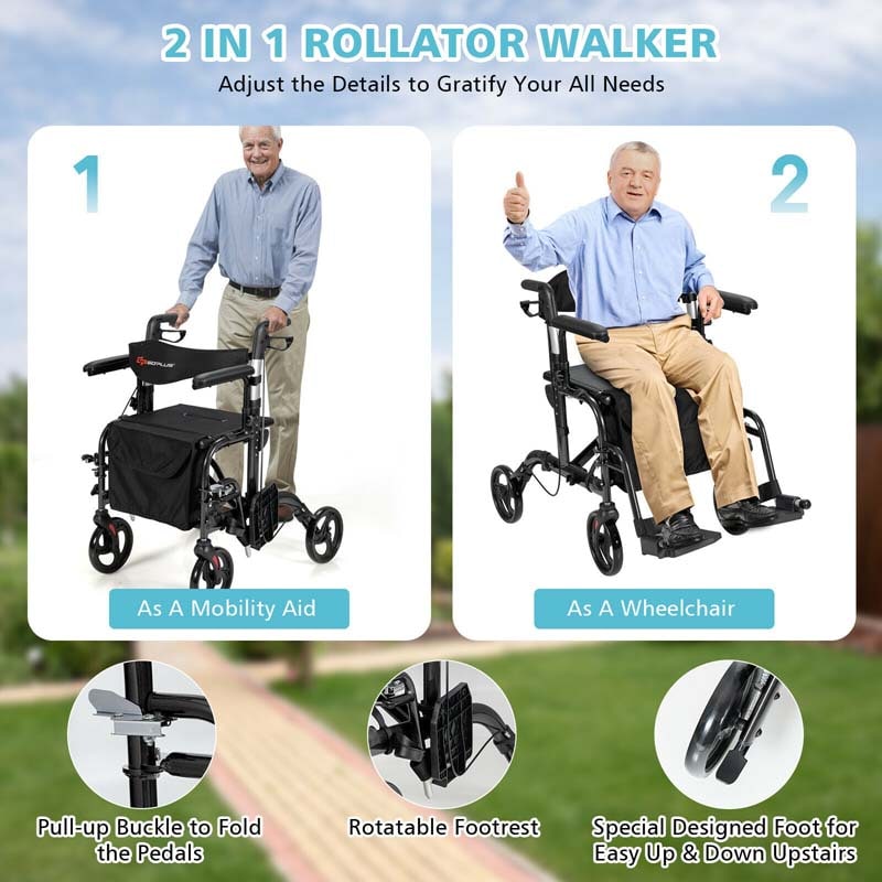 2 in 1 Rollator Walker Wheelchair Folding Medical Walker Rolling Transport Chair Mobility Walking Aid