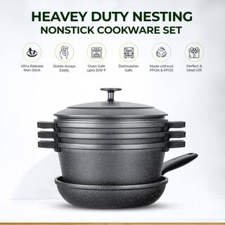 GRANITESTONE 6-Piece Cast Aluminum Heavy Duty Nesting Nonstick Cookware Set with Silicone Handle Covers 9921