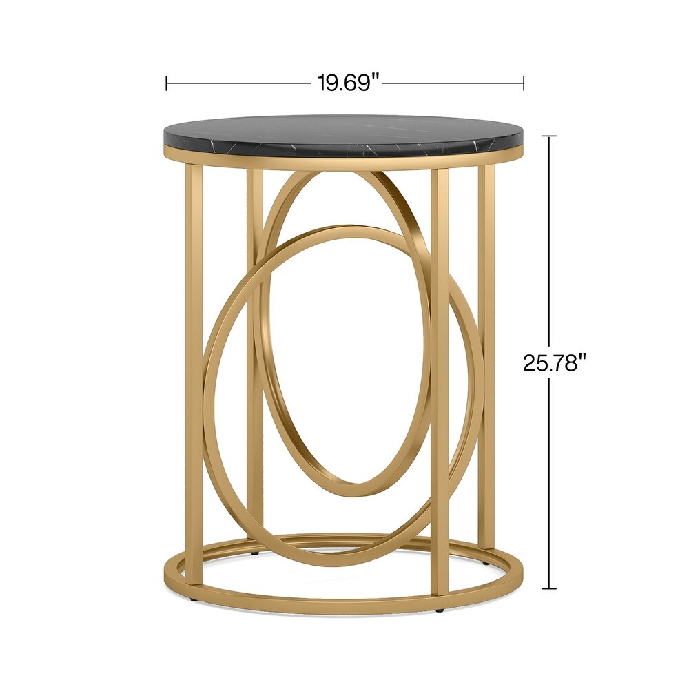 20 in. Marble Black Round Wood End Table with Gold O shaped Base