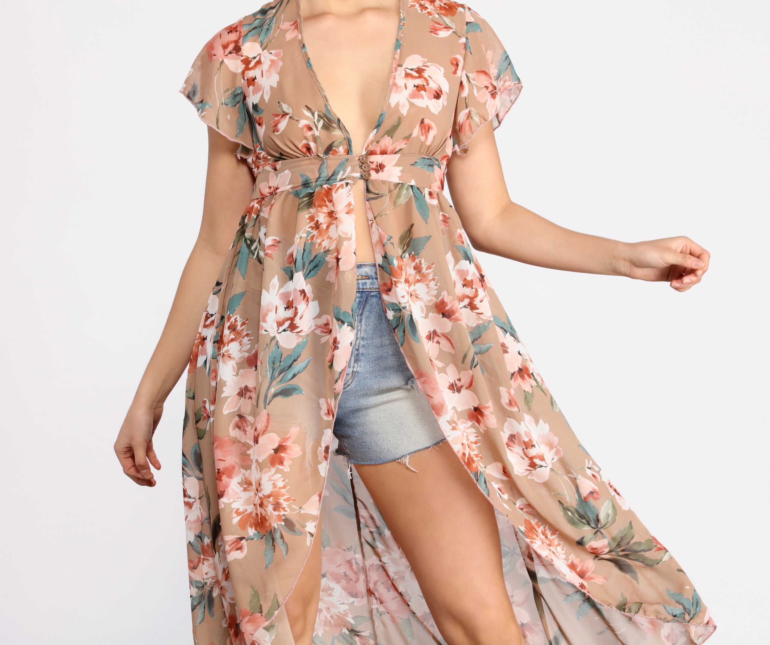 Dream State Chiffon Floral High Low Duster