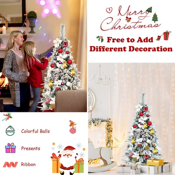 Gymax 5/6/7/8 FT Artificial Snow Flocked Pencil Christmas Tree w/