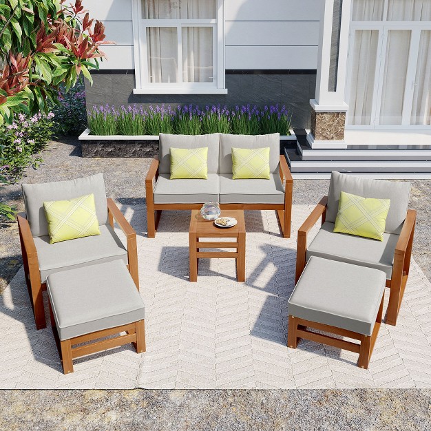 Outdoor Patio Wooden 6 piece Talking Set With Footrest And Cushion For Backyard Poolside Balcony Modernluxe