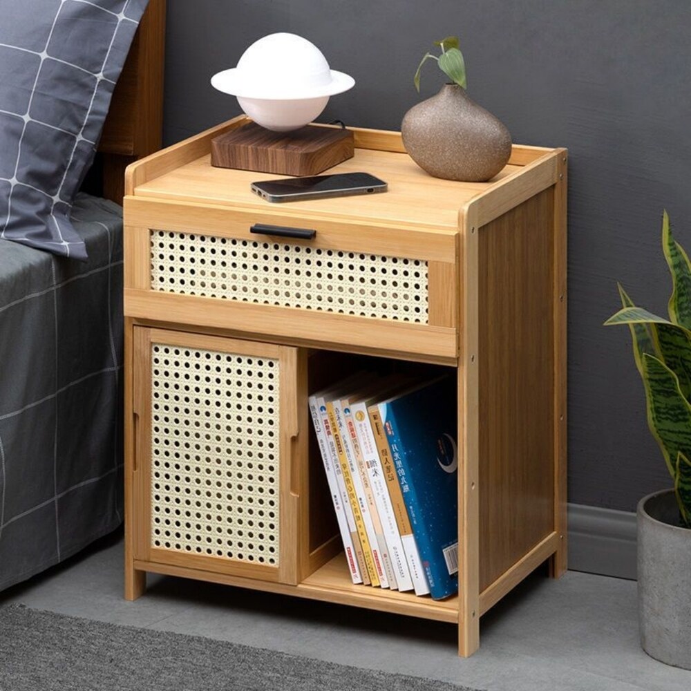 Bamboo Nightstand with Drawer and Shelf Bohemian Bedside Tables