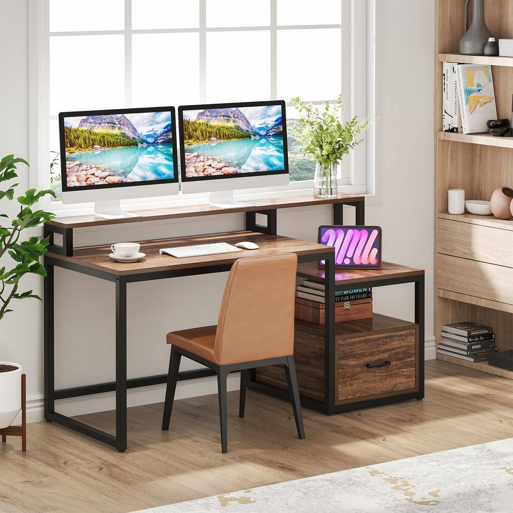 TRIBESIGNS WAY TO ORIGIN Halseey 59 in. Rectangular Brown Particle Board One Drawer Reversible Computer Desk with Monitor Stand and Storage Shelf TH-AL1573