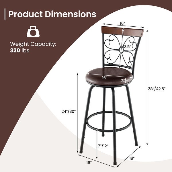 Costway Set of 2 24/30 Inch Adjustable Swivel Barstools Metal Dining