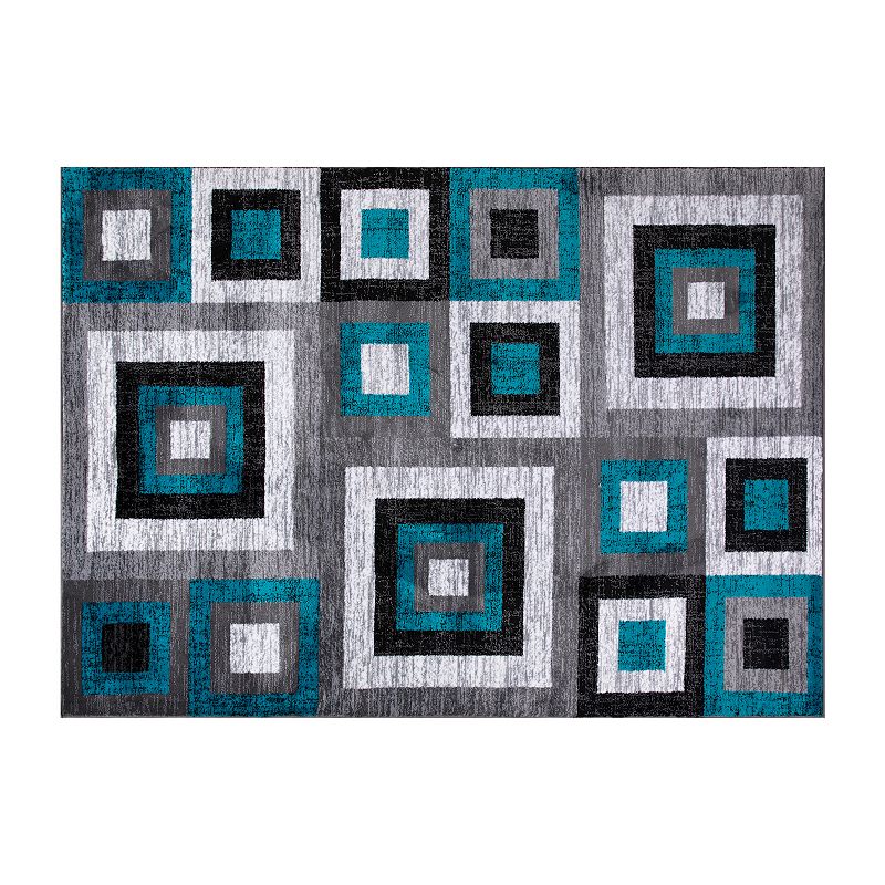 Masada Rugs Newton Collection Modern 6'x9' Accent Rug with Geometric Square Pattern in Turquoise， Gray and White