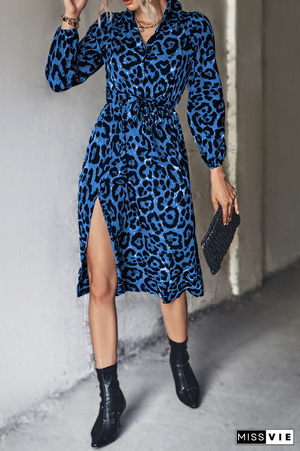 Button Down High Waist Leopard Midi Dress