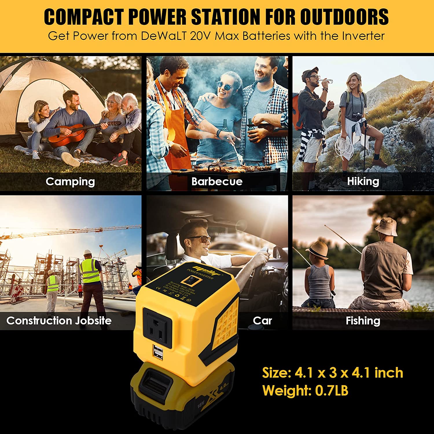 200W Power Inverter for Dewalt 20V MAX Battery with 1 AC Outlet 2 USB Ports LED Light Outdoor Generator (Tool ONLY)