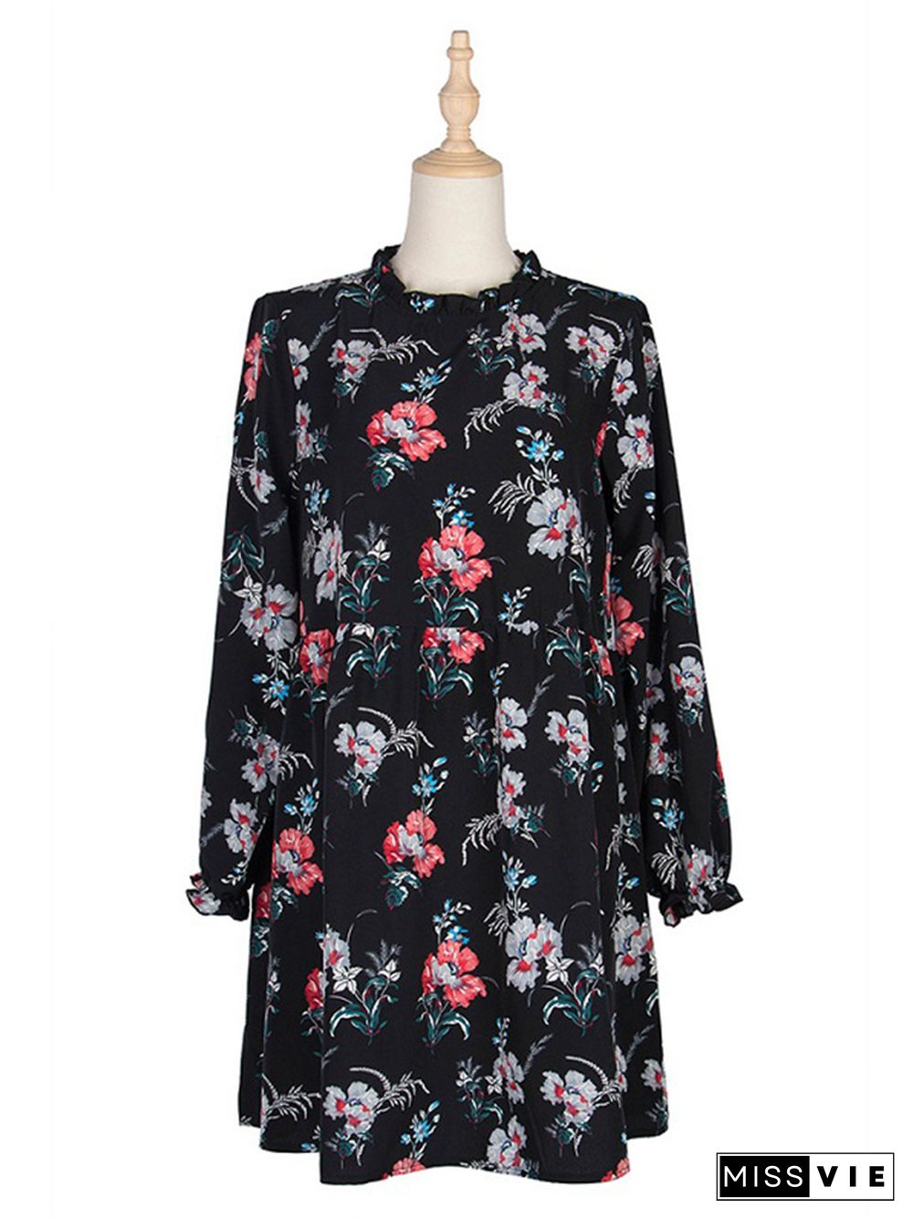 New Autumn Winter Fashion Floral Dress Women Casual Full Sleeve High Waist Loose Print Dress