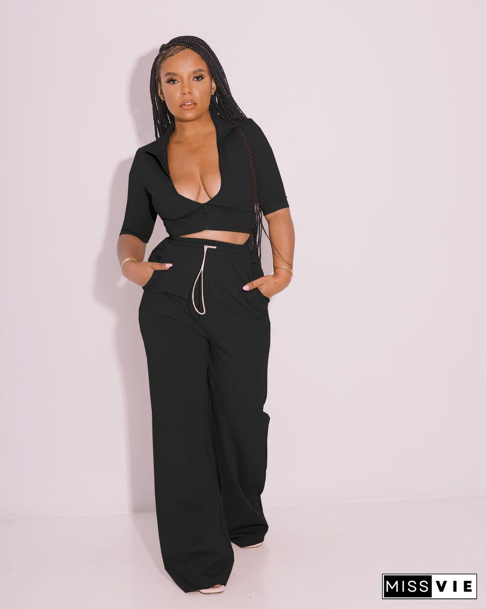 Zipper Short Sleeve Crop Top Wide Leg Pant Set