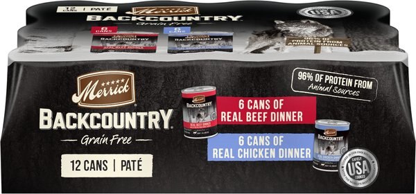 Merrick Backcountry Grain-Free Real Beef and Chicken Dinner Variety Pack Wet Dog Food， 12.7-oz can， case of 12