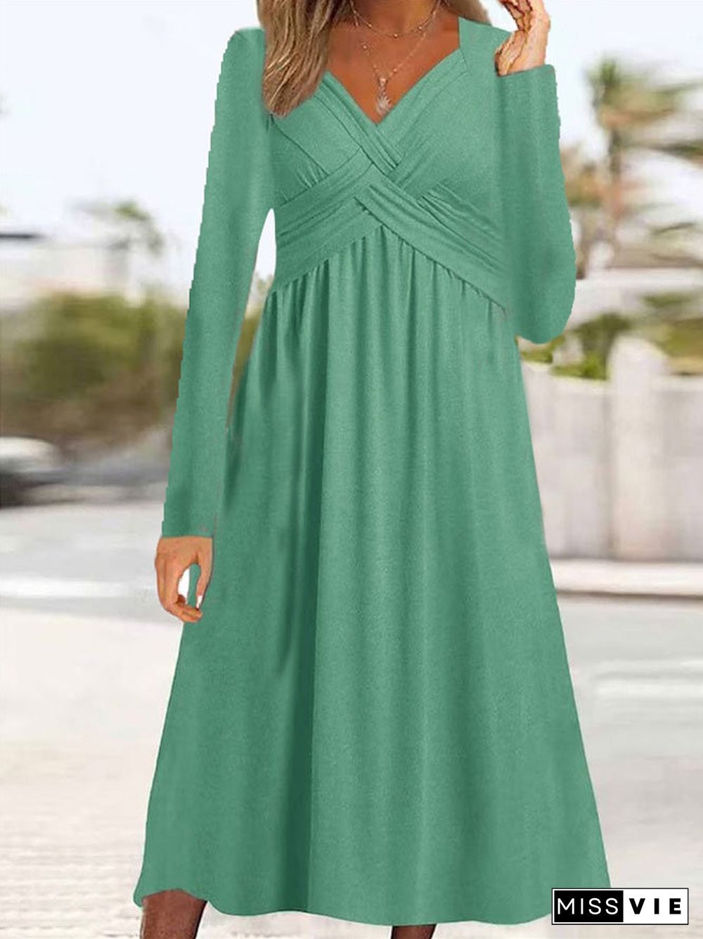 Women's Lace-up Solid Color V-Neck Long Sleeve Maxi Dress