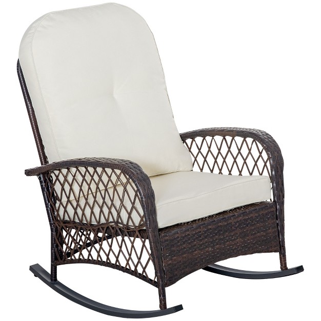 Outsunny Outdoor Wicker Rocking Chair Patio Pe Rattan Recliner Rocker Chair With Soft Cushion For Garden Backyard Porch