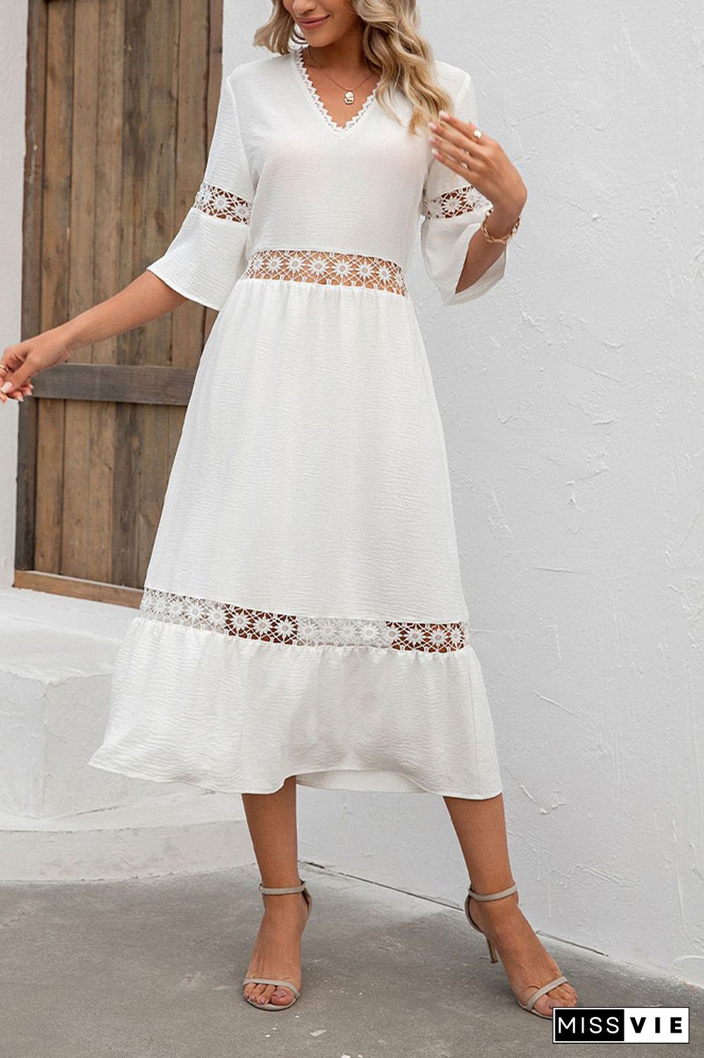 Plain V Neck Hollow Out Lace Splicing Maxi Dress