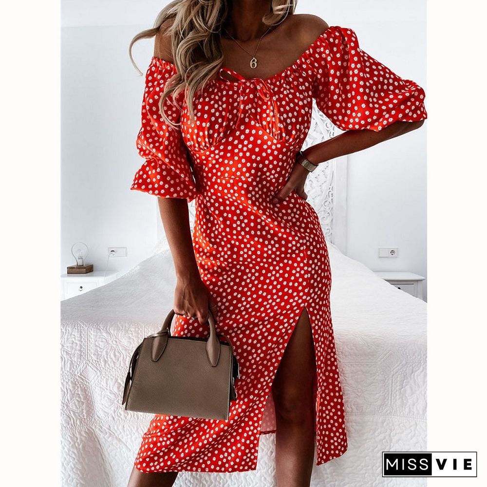 Chic Elegant Summer Women Dress Women Cloth Half Short Puff Sleeve Loose Slim Print Midi Sundress New Fashion Small Floral Dress