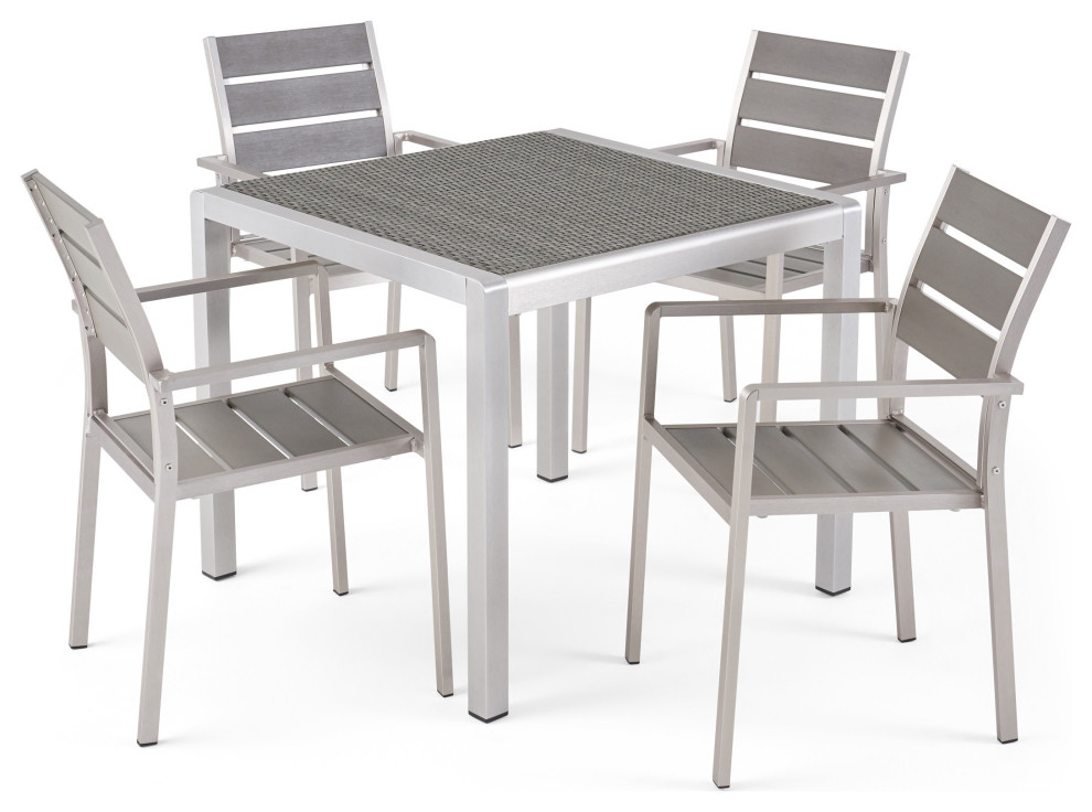 Gaven Outdoor Modern Aluminum 4 Seater Dining Set With Faux Wood Seats   Contemporary   Outdoor Dining Sets   by GDFStudio  Houzz