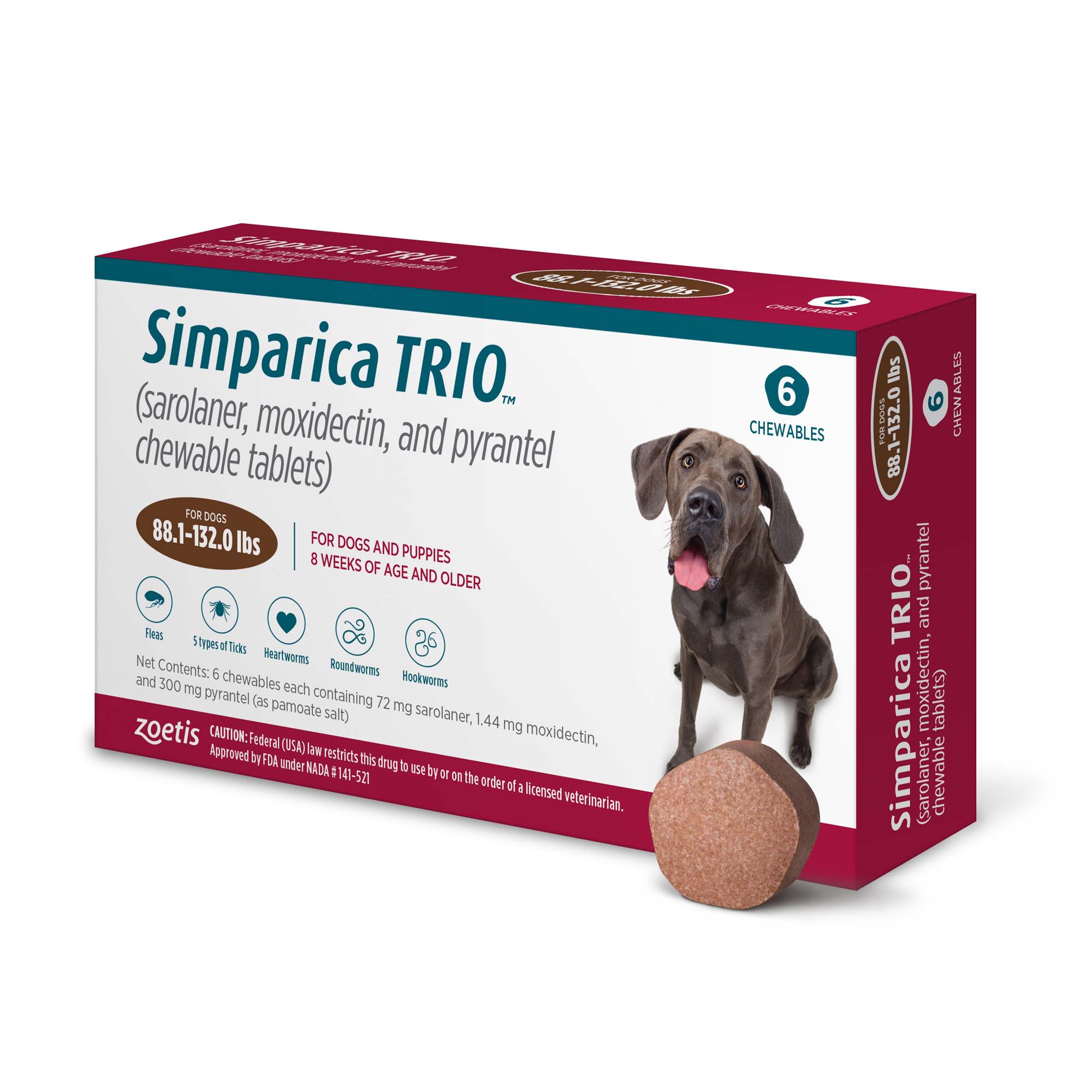 Simparica Trio 88.1-132 lbs. Dogs， 6 Month Supply