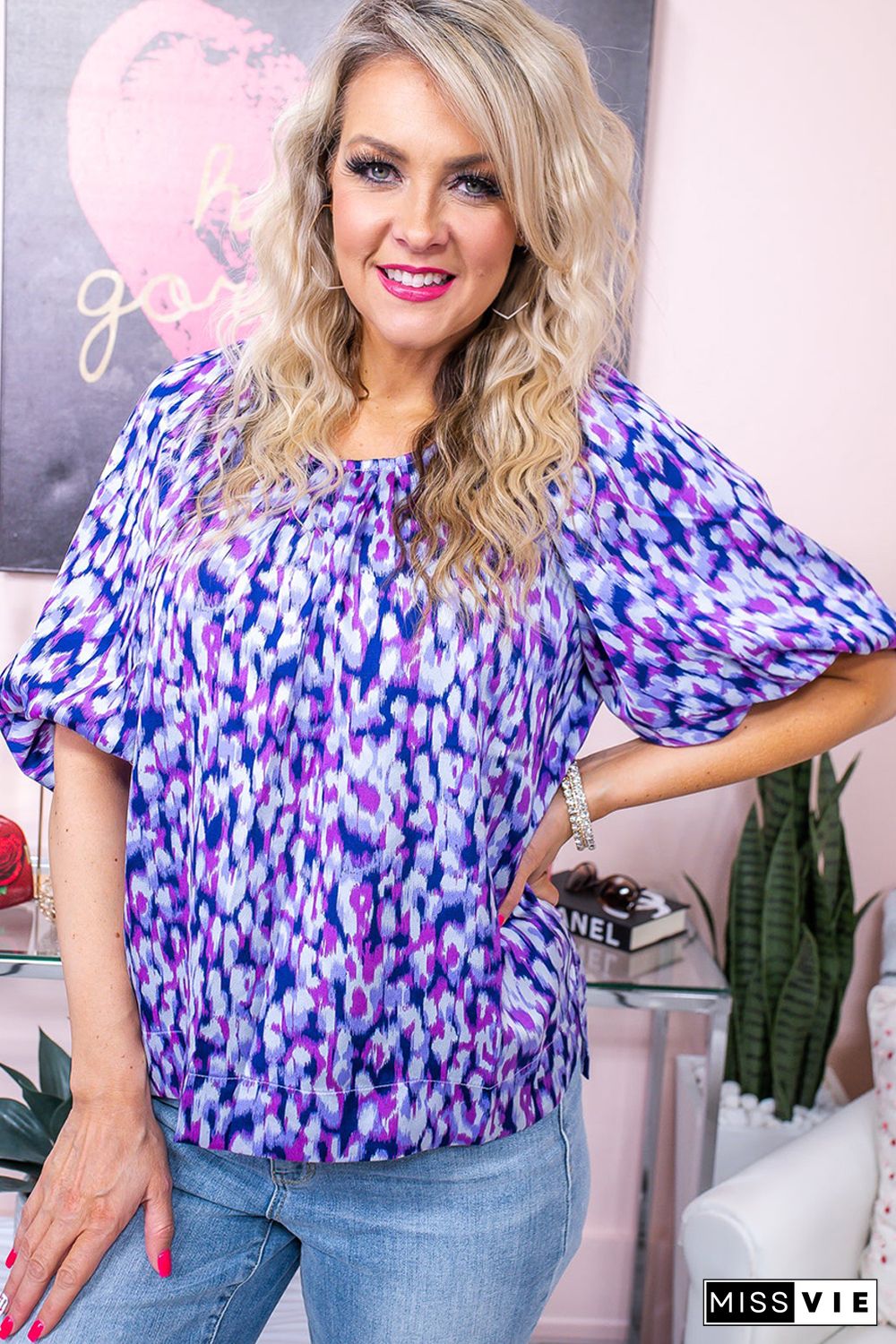 Purple Plus Size Printed Round Neck Bubble Sleeve Blouse