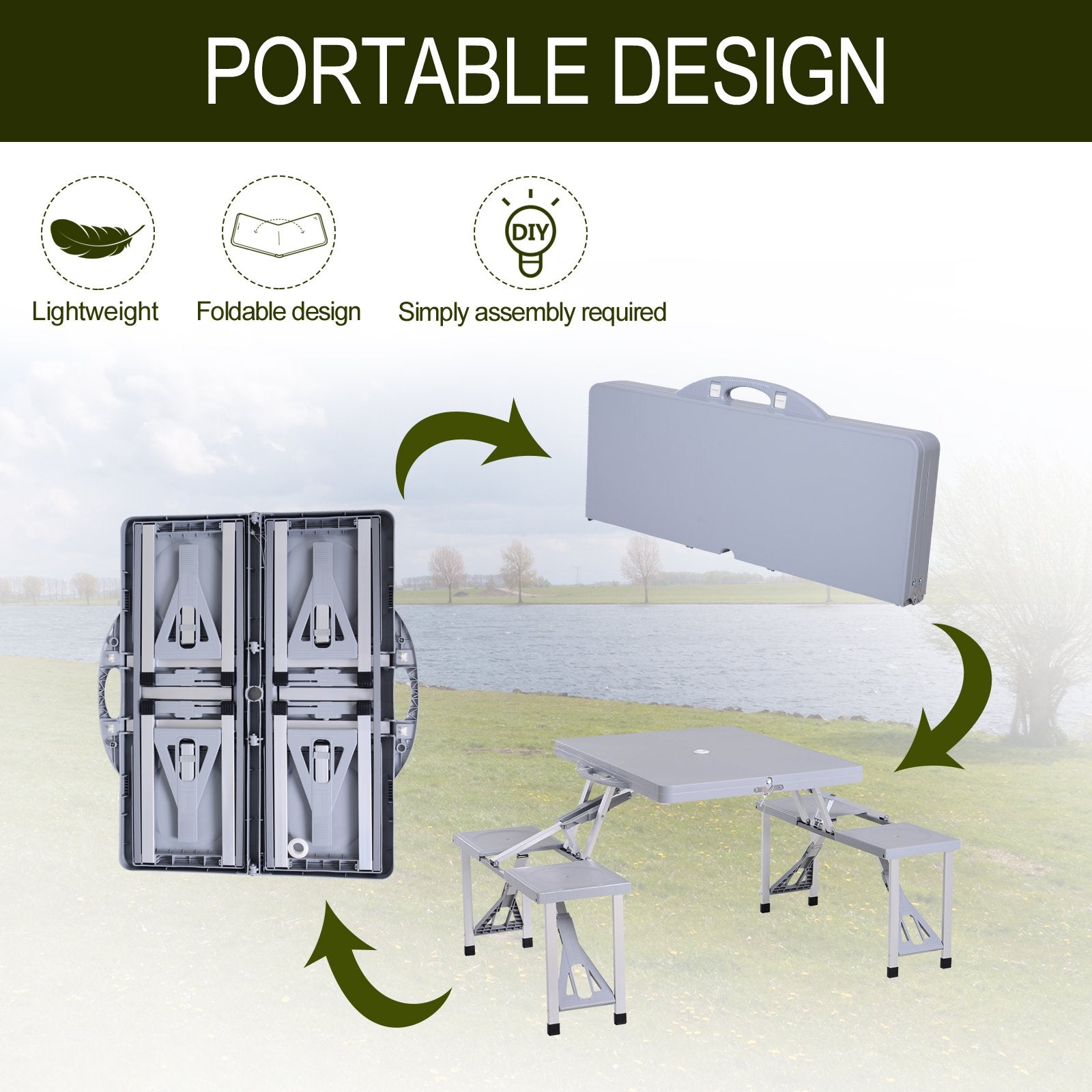 Andoer Portable Foldable Camping Picnic Table with Seats Chairs and Umbrella Hole， 4-Person Fold Up Travel Picnic Table， Grey