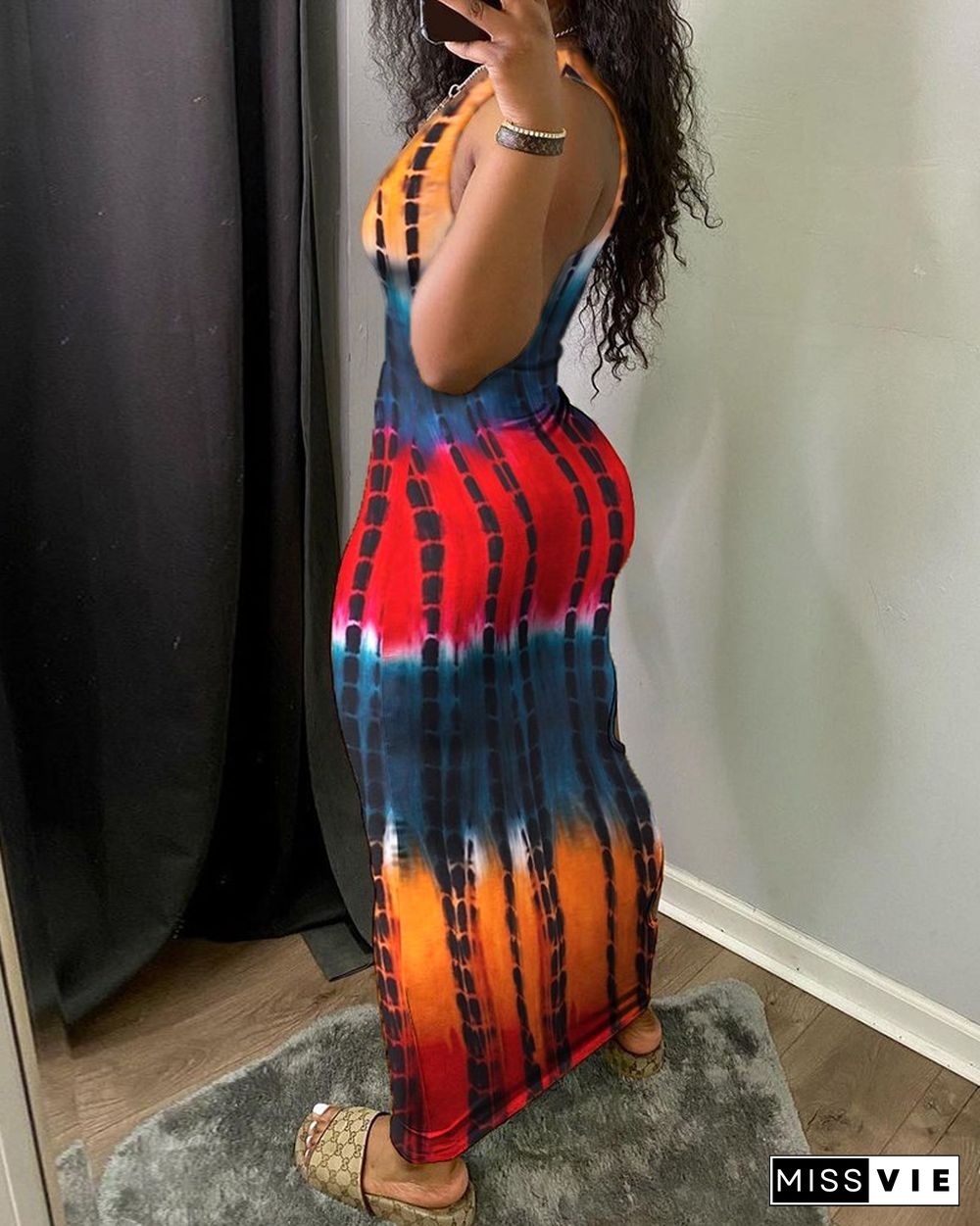 Cutout Tie Dye Print Thick Strap Maxi Dress