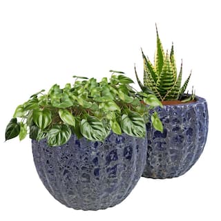 Sunnydaze 12 in. (30.48 cm) Fluted Lava Finish Ceramic Planter - Dark Blue Distressed Ceramic - (Set of 2) VBD-646