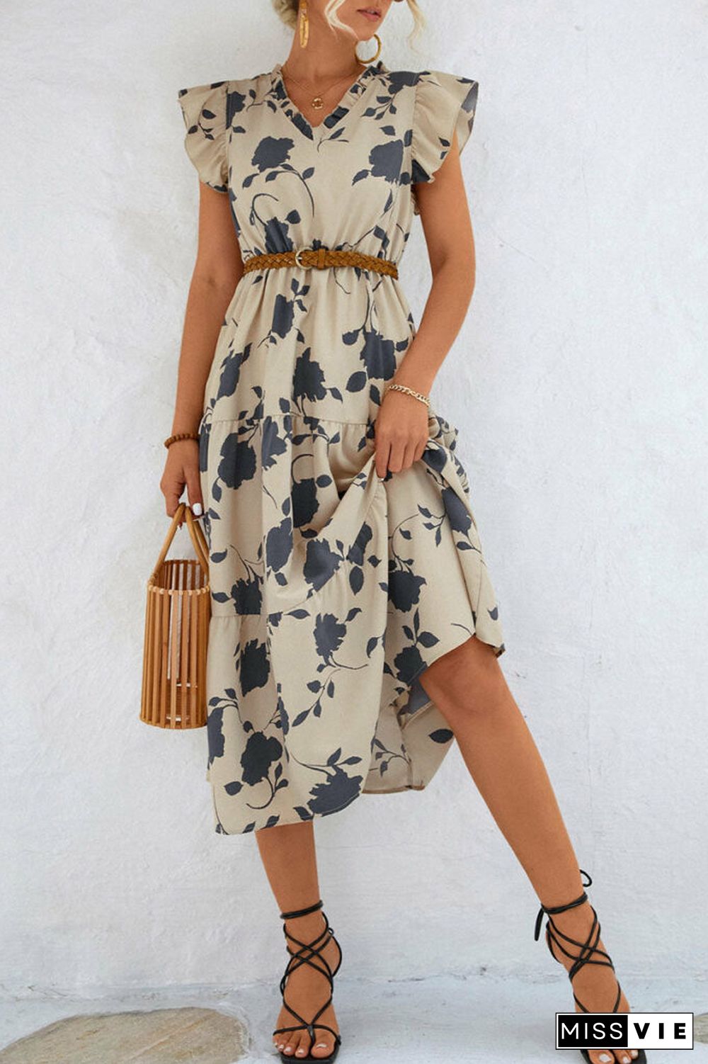 Floral V Neck Beach Ruffle Sleeve Midi Dress