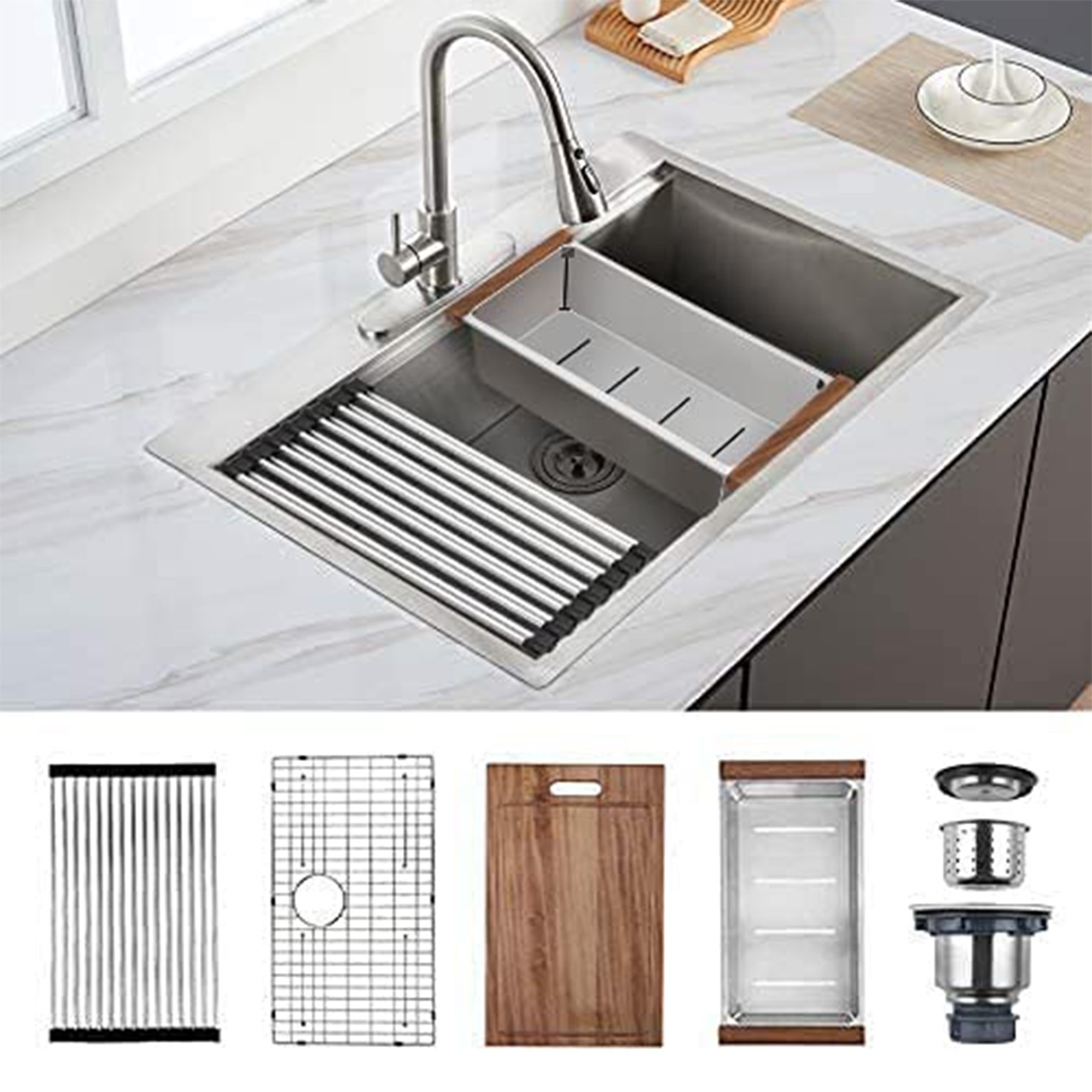 HausinLuck 33  Stainless Steel Workstation Kitchen Sink, Top Mount, Brushed