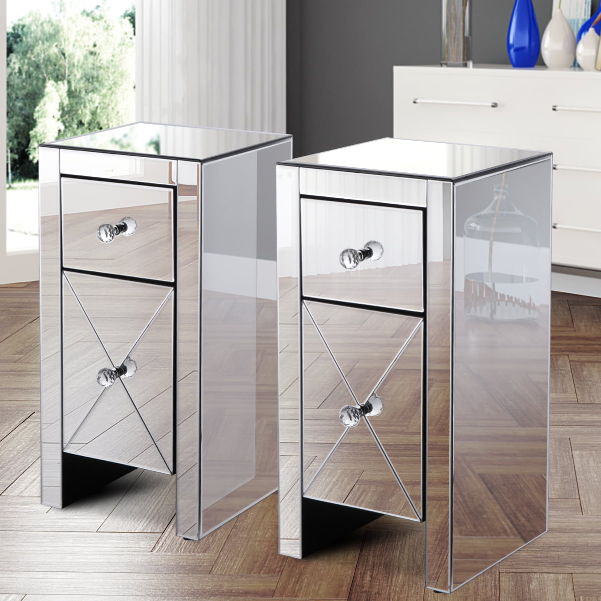 Jaxpety Set of 2 Mirrored Nightstand 2 Drawer Crystal Accent Silver Side Table Glass Bedside Table Furniture for Bedroom, Living Room