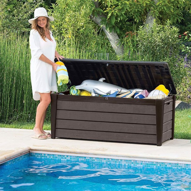 Keter Brushwood 120 Gallon Outdoor Deck Storage Box Lockable Patio And Garden Furniture Container For Yard Tools And Pool Accessories Brown