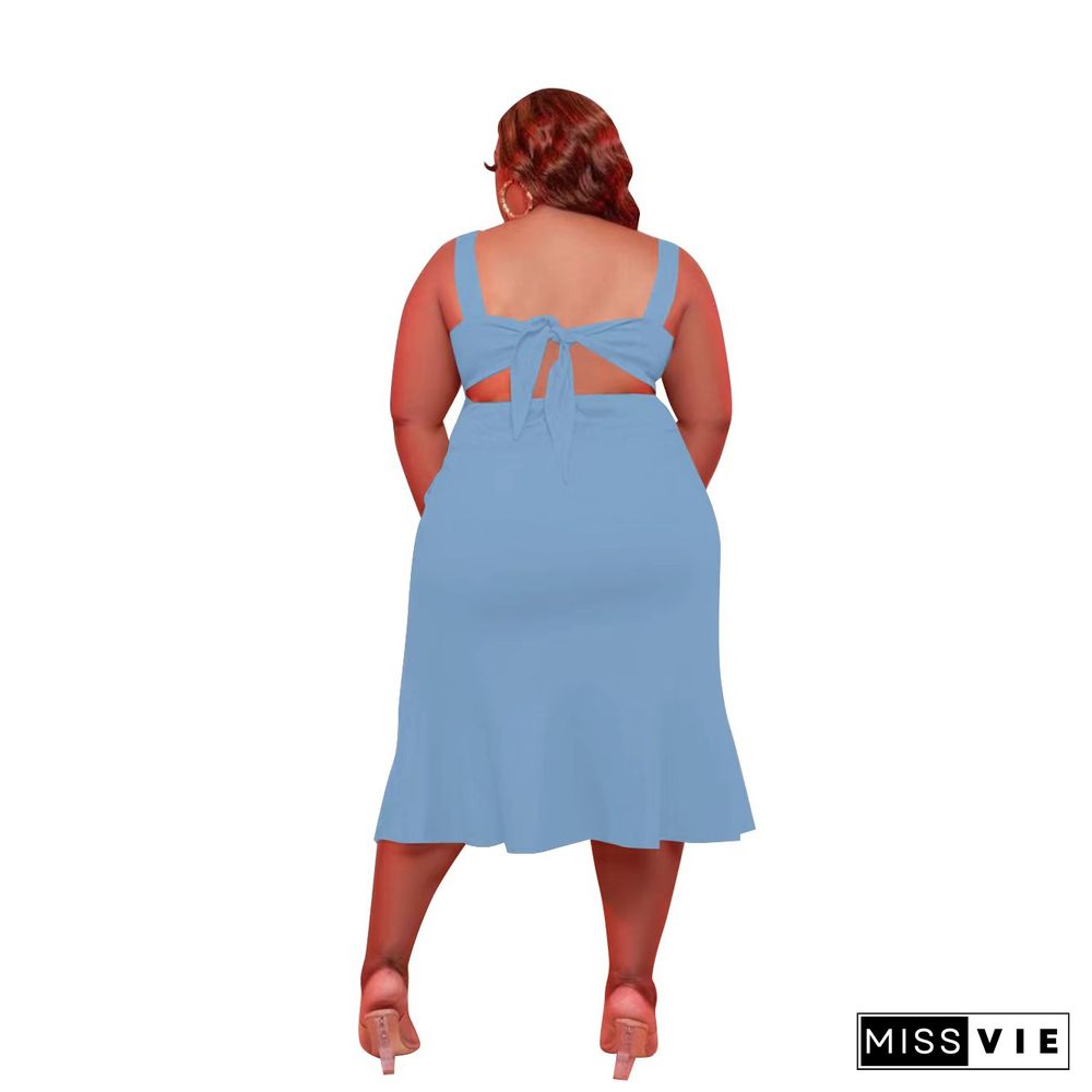 Plus Size Sleeveless Back Bow Single-breasted Dress